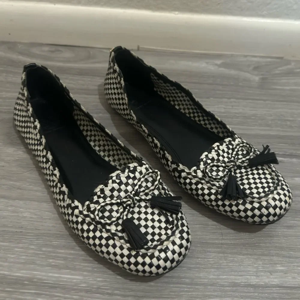 TORY BURCH Russell Black White Check Loafer Soft Leather Flats